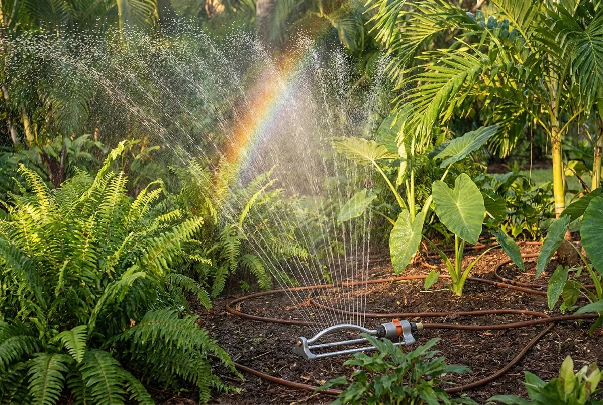 Automatic sprinkler irrigation system watering a green lawn at a Bali villa
