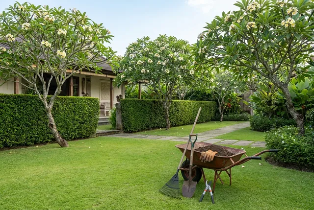 Gardener trimming hedges during regular villa garden maintenance in Bali