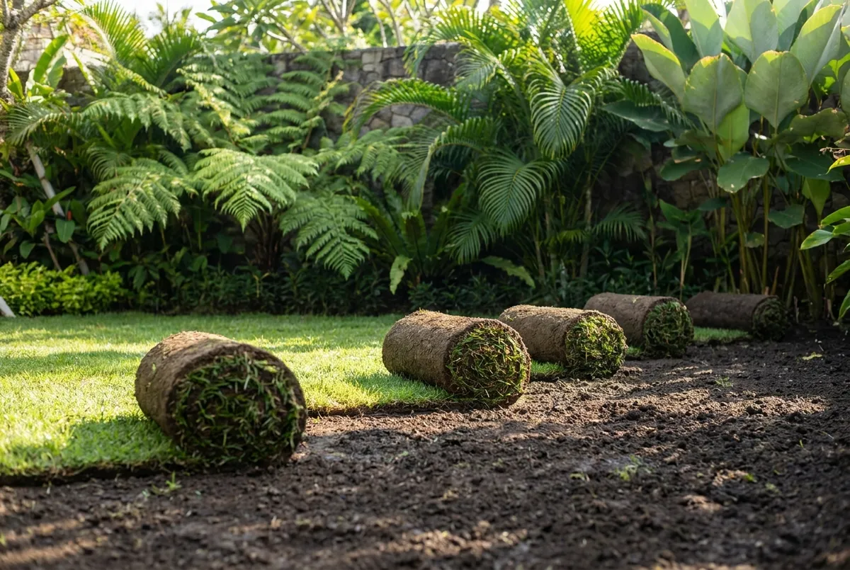 Fresh rolls of turf being laid for a new villa lawn in Bali