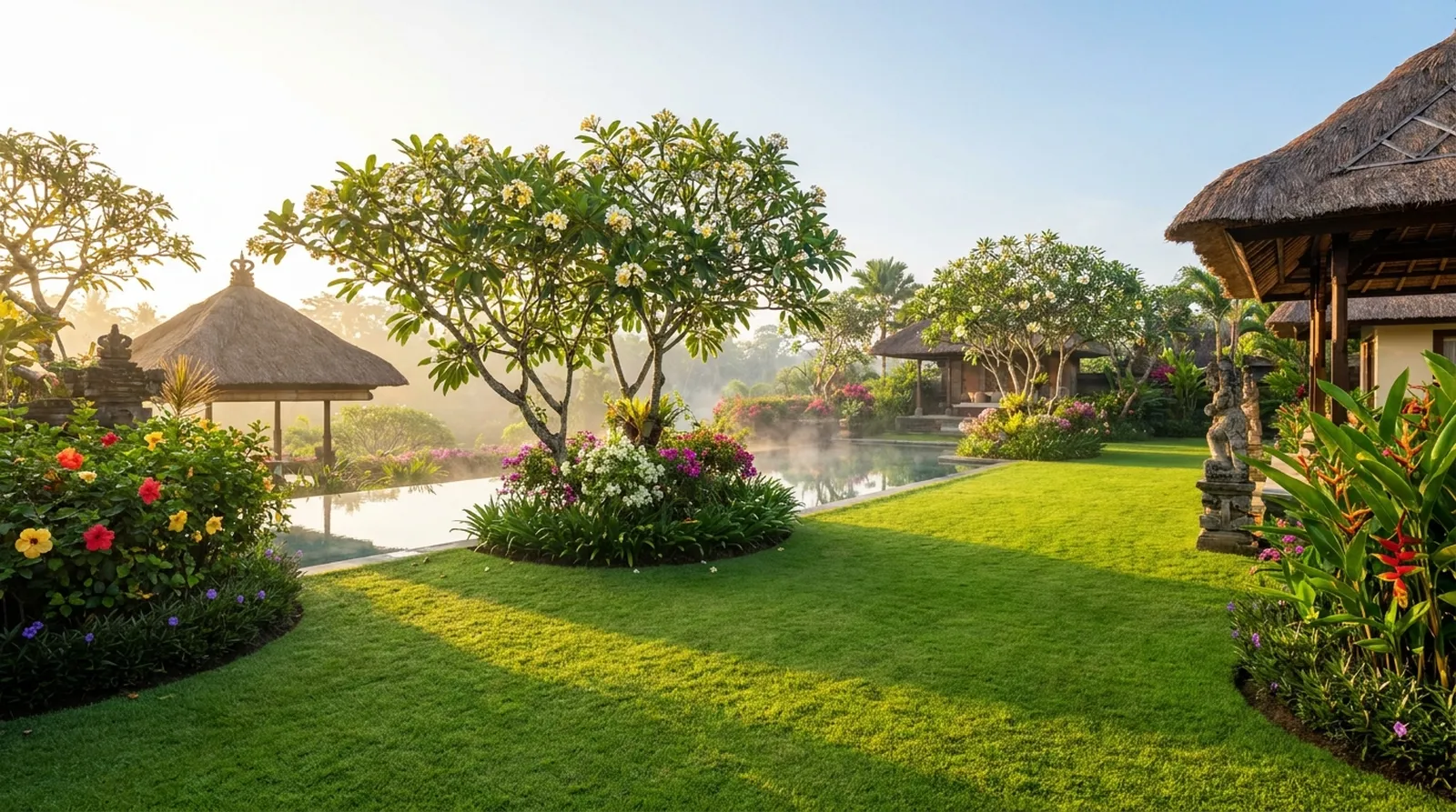 Manicured tropical villa garden with lawn and pool in Bali