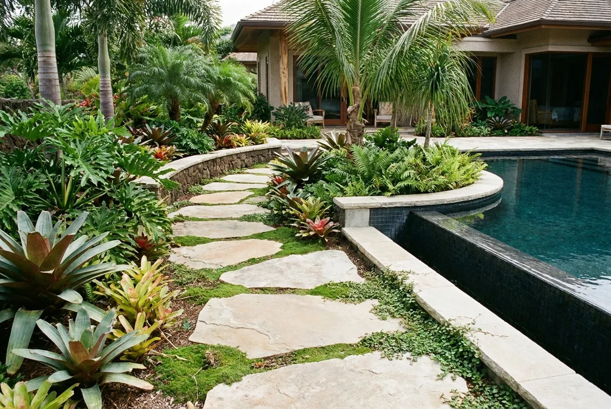 Stone paving and tropical planting around a villa pool in Bali