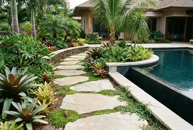 Landscaped pool surroundings with hardscape at a Bali villa