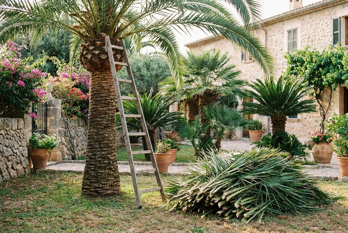 Climber trimming fronds from a coconut palm at a Bali villa garden